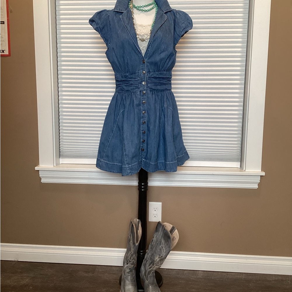 Free People Blue Denim Button-Front Mini Dress